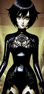 Gothic anime character with dark laced outfit in an elegant setting.