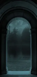 Gothic archway leading to a misty, dark forest.