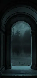 Gothic archway leading to a foggy forest, creating a mysterious atmosphere.