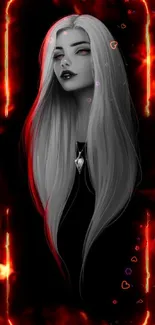 Mysterious gothic art of a woman with elegant long hair and red accents on black.