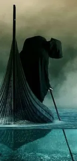 Cloaked figure on a gothic boat on a foggy sea, creating a mysterious atmosphere.