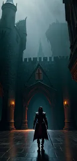 Mysterious man in gothic castle with lanterns and towers.