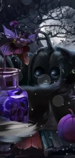 Gothic cat with purple pumpkins under a full moon in spooky scenery.