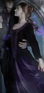 Couple in Gothic attire dancing in mystical, purple-themed art.