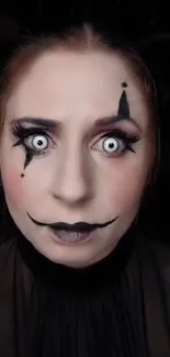 Close-up of Gothic face with dramatic makeup on dark background.