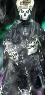 Gothic priest in dark robe with mysterious masks.