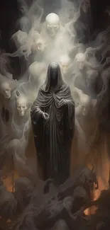 Gothic specter with ghostly figures background.