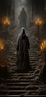 Mysterious Gothic staircase with cloaked figure and candlelight.