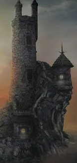 Gothic tower rises amidst fog at sunset.