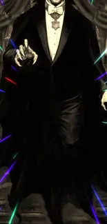 Gothic vampire in black cloak with colorful light streaks.