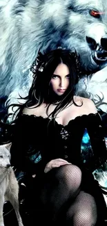 Gothic figure with wolves in dark fantasy art.