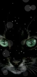 A dark cat with green eyes in a mysterious mobile wallpaper.