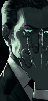 Dark art portrait with mysterious green eyes on a mobile wallpaper.