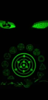 Mobile wallpaper with glowing green eyes and enigmatic symbols on a dark background.