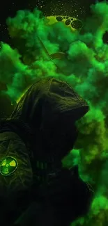 Dark, hooded figure with green smoke background.