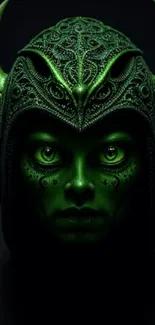 Green warrior with intricate helmet on dark background.