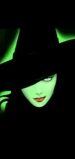 Mysterious green witch with hat and dark background.