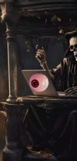 Gothic wallpaper featuring Grim Reaper using a laptop in a dark setting.