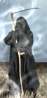 Dark grim reaper in a field with a scythe under cloudy skies.