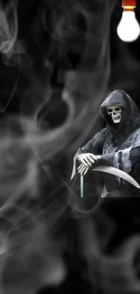 Grim Reaper with scythe amidst swirling smoke.