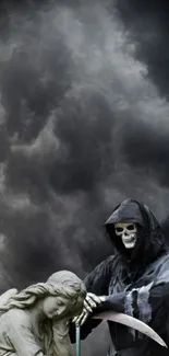 Grim Reaper with angel under dark, cloudy sky wallpaper.