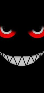 Sinister face with glowing red eyes and sharp smile on a black background.