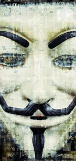 Guy Fawkes mask with digital codes on a beige background.