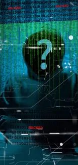 Mysterious hacker with binary code on teal background.