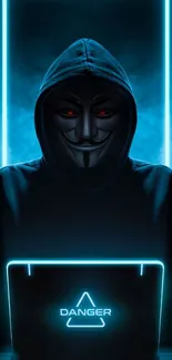 Hacker-themed mobile wallpaper with neon blue glow.