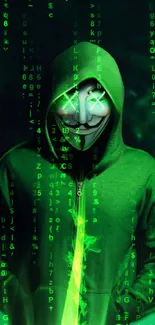 Mysterious hooded figure with green digital code in background.