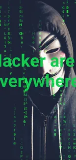 Mysterious hacker figure with mask on dark background.