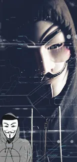 Mysterious hacker mask with digital circuits on a dark background.