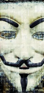 Mysterious hacker mask with digital coding overlay on wallpaper.