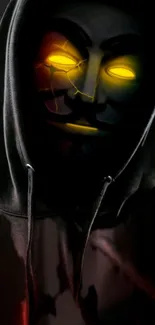 Dark mysterious wallpaper with glowing eyes and a hooded mask.