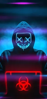 Neon hacker with glowing mask and laptop in a dark, tech-inspired setting.