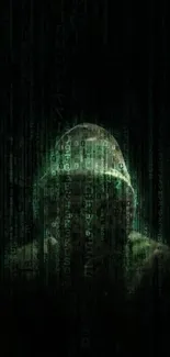 Dark green coded wallpaper with a mysterious hooded figure.