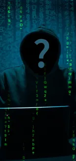 Hacker-themed wallpaper with hooded figure and digital code in dark teal.