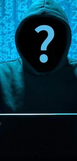 Mysterious hooded figure with question mark face on blue background.