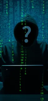 Mysterious hacker in a dark, hooded sweatshirt with a laptop, surrounded by code.