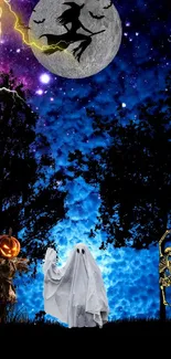 Halloween wallpaper with witch, ghost, pumpkin under a moonlit sky and lightning.