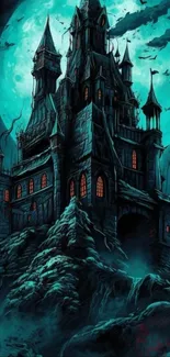 Gothic castle under a full moon with eerie atmosphere.
