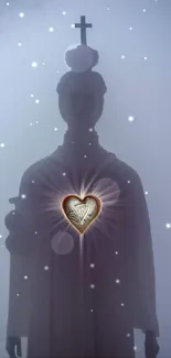 Silhouette of statue with glowing heart in mist.