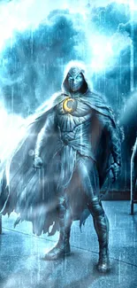 Hooded hero in rainstorm with a glowing chest symbol.