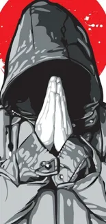 Hooded figure in grayscale with red background, hands folded in prayer.