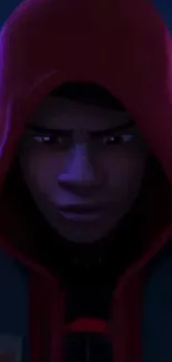 Hooded character in dark red against a shadowy background.