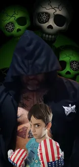 Wallpaper of a hooded fighter with green skulls backdrop.