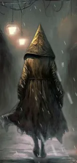 Hooded figure in a dark, rainy alleyway, creating an enigmatic atmosphere.