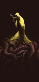 Hooded figure with tentacles in dark, mystical mobile wallpaper.