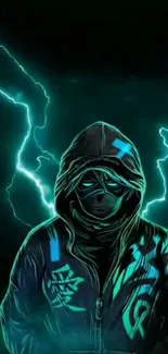 Electric blue hooded figure with neon glow.