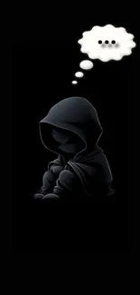 Mysterious hooded figure with thought bubbles on a black background.